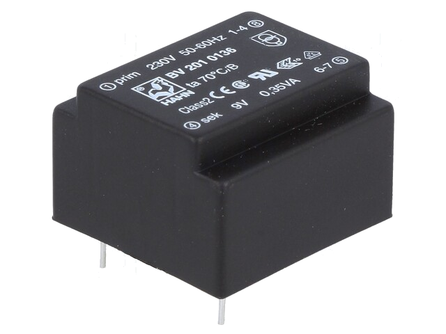 Transformator: ingegoten; 0,35VA; 230VAC; 9V; 39mA; PCB; BV Transformator: ingegoten; 0,35VA; 230VAC; 9V; 39mA; PCB; BV